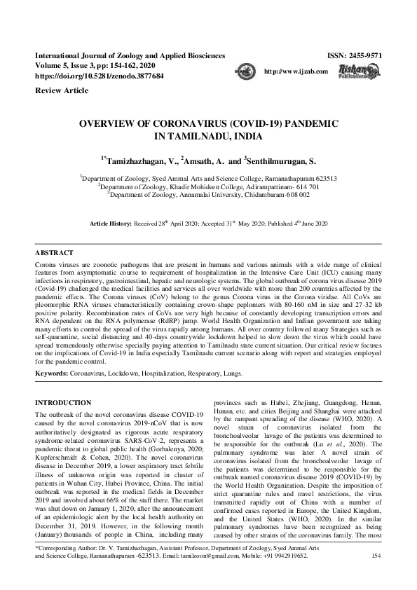 (PDF) OVERVIEW OF CORONAVIRUS (COVID-19) PANDEMIC IN TAMILNADU, INDIA