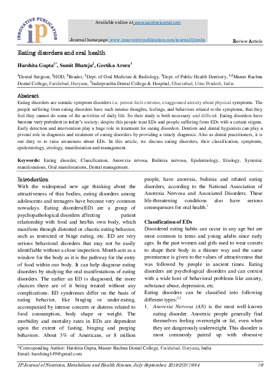 (PDF) Eating disorders and oral health