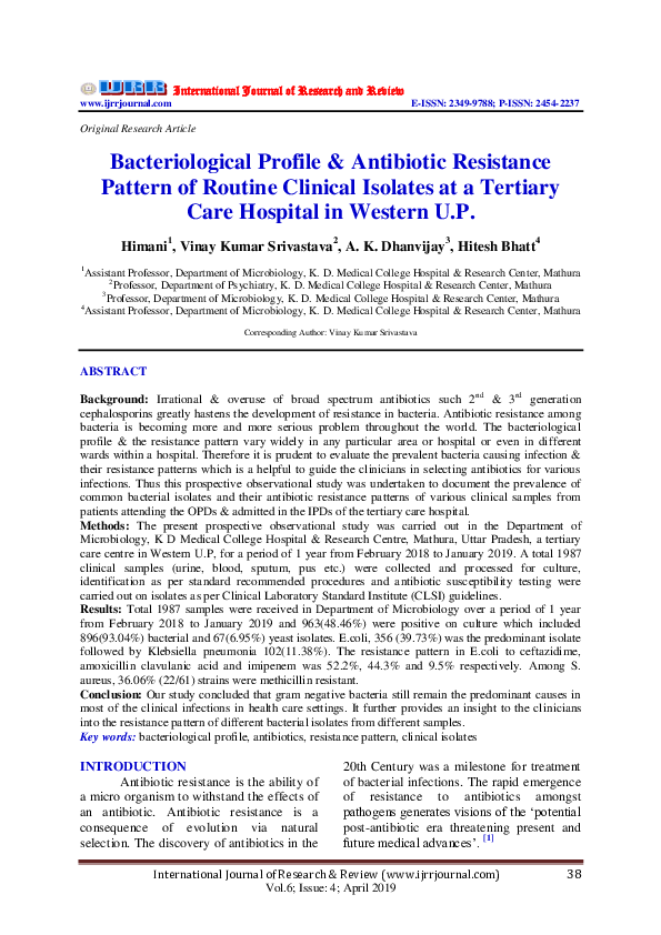 (PDF) Bacteriological Profile & Antibiotic Resistance Pattern of ...