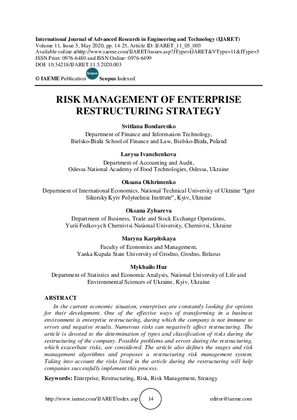 (PDF) RISK MANAGEMENT OF ENTERPRISE RESTRUCTURING STRATEGY