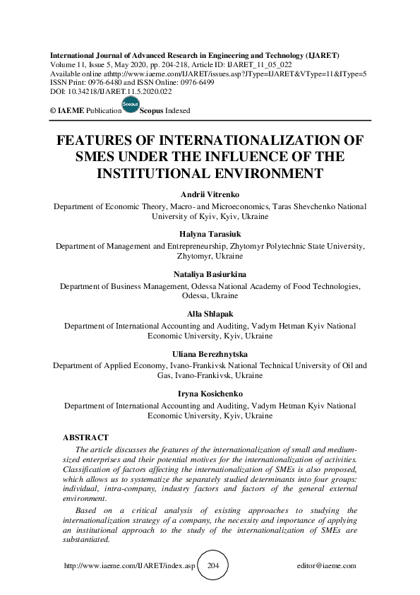 (PDF) FEATURES OF INTERNATIONALIZATION OF SMES UNDER THE INFLUENCE OF ...
