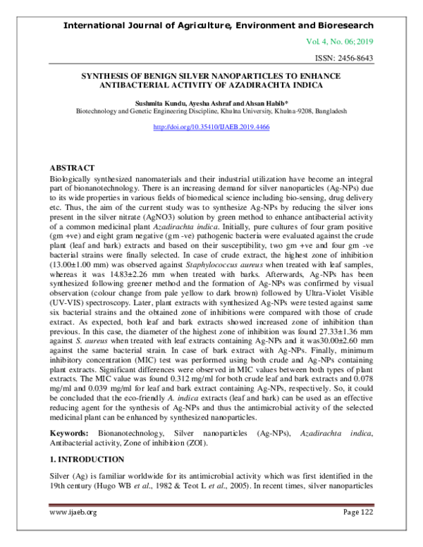 (PDF) SYNTHESIS OF BENIGN SILVER NANOPARTICLES TO ENHANCE ANTIBACTERIAL ...
