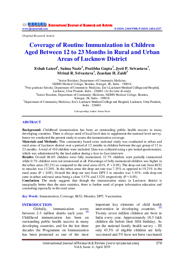 (PDF) Coverage of Routine Immunization in Children Aged Between 12 to ...