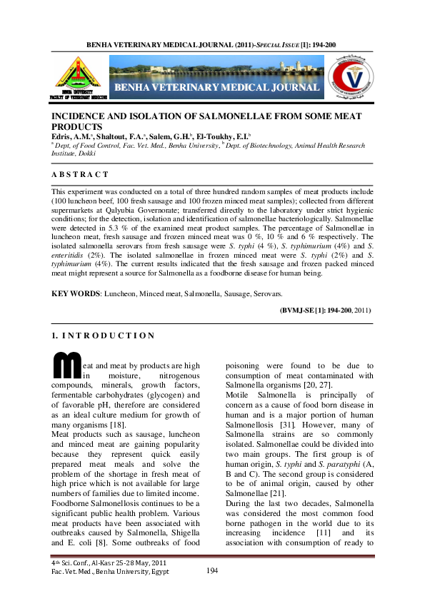 (PDF) INCIDENCE AND ISOLATION OF SALMONELLAE FROM SOME MEAT PRODUCTS