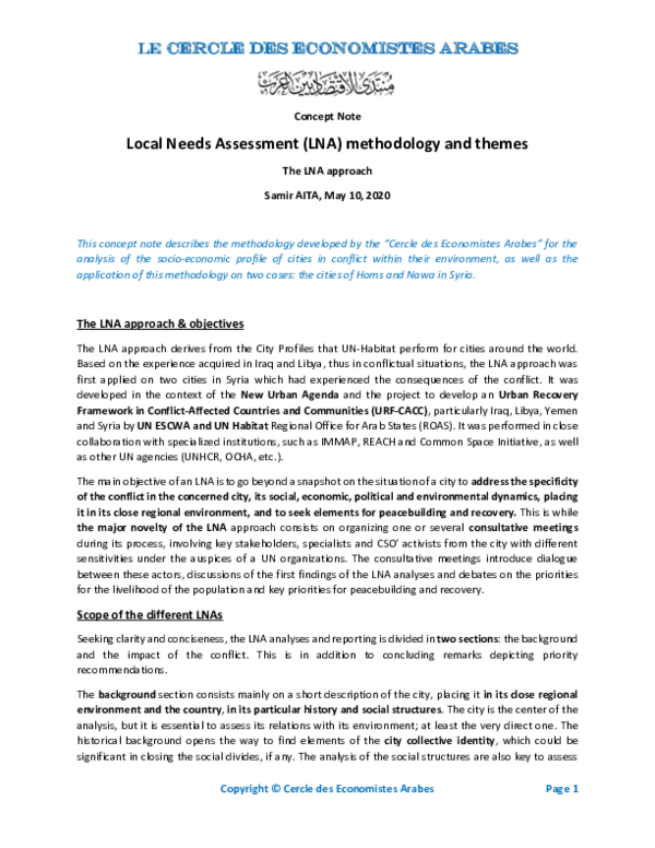 (PDF) Le CERCLE DES ECONOMISTES ARABES Local Needs Assessment (LNA ...