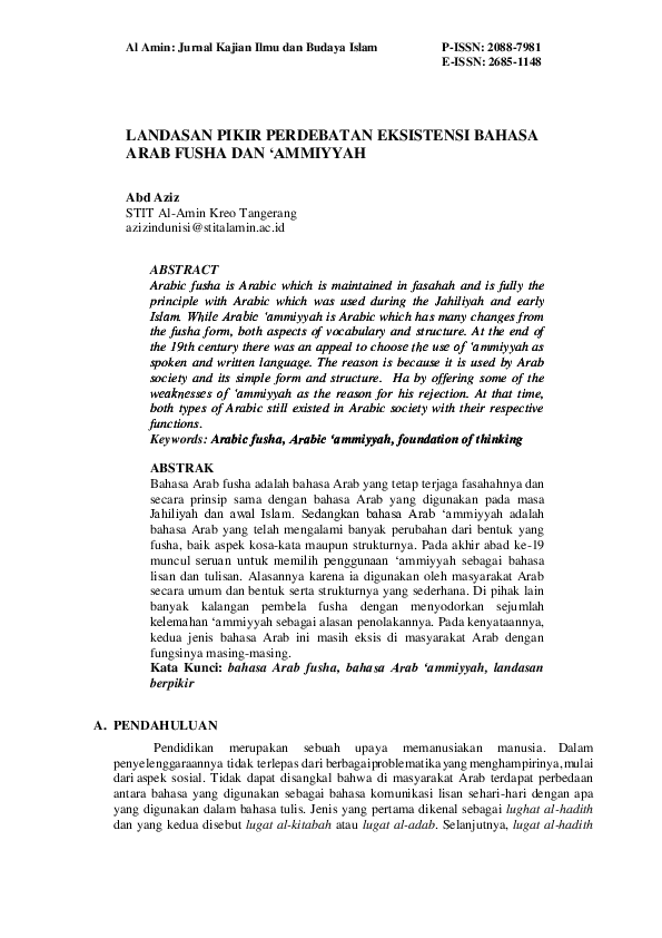 Pdf Landasan Pikir Perdebatan Eksistensi Bahasa Arab Fusha Dan Ammiyyah Abd Aziz Academia Edu