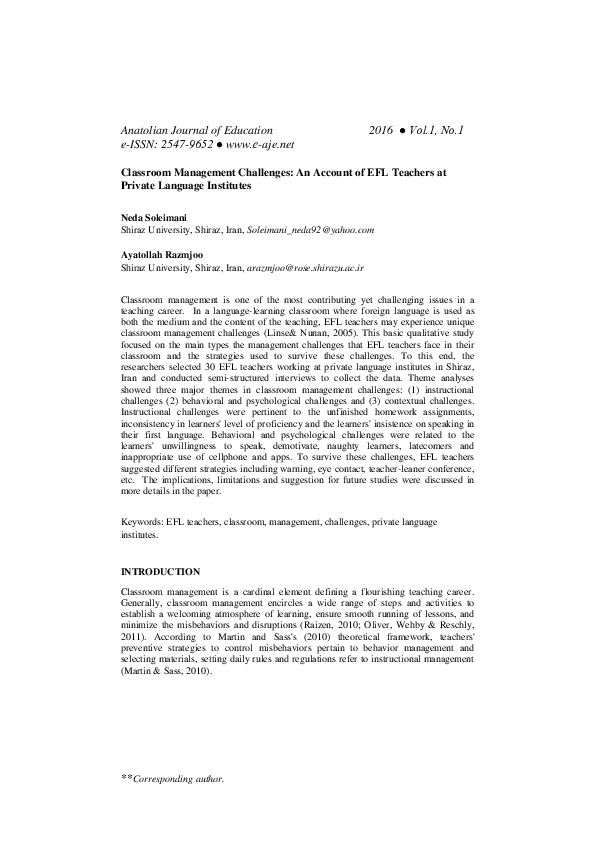 (PDF) Classroom Management Challenges: An Account of EFL Teachers at ...