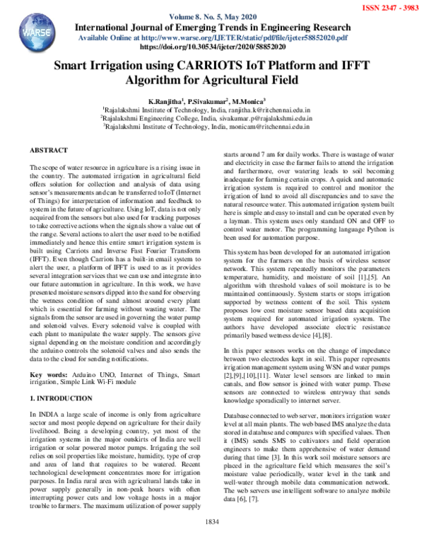 (PDF) Smart Irrigation using CARRIOTS IoT Platform and IFFT Algorithm ...