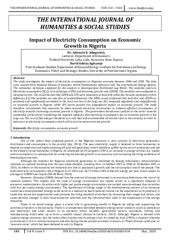 (PDF) Impact of Electricity Consumption on Economic Growth in Nigeria IJHSS