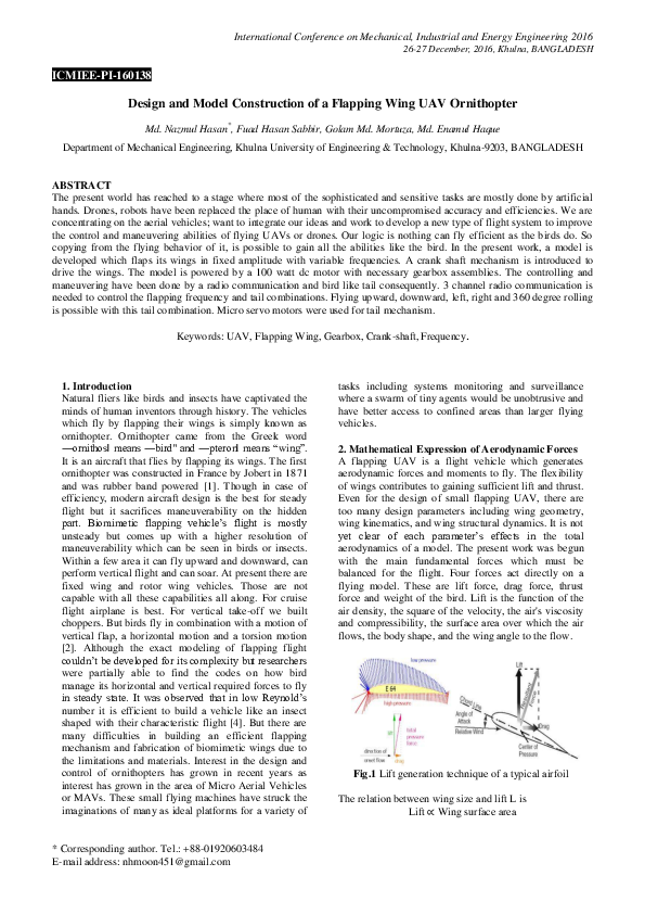 (PDF) Design and Model Construction of a Flapping Wing UAV Ornithopter