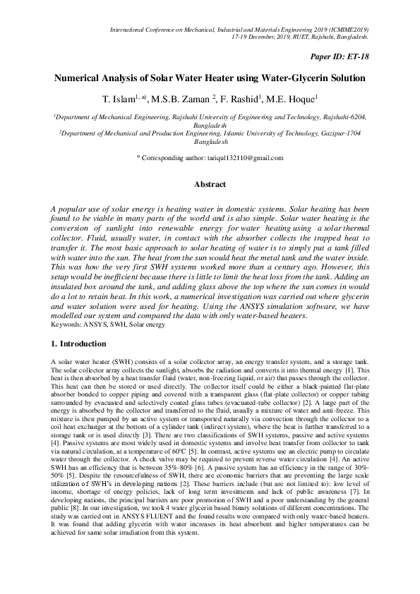 (PDF) Numerical Analysis of Solar Water Heater using Water-Glycerin ...