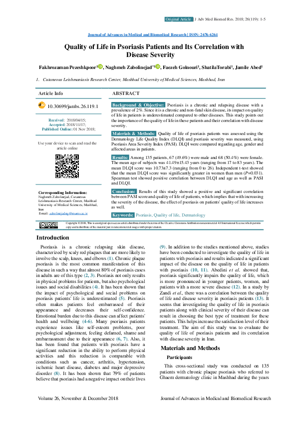(PDF) Quality of Life in Psoriasis Patients and Its Correlation with ...