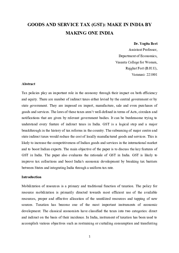 (DOC) GOODS AND SERVICE TAX (GST): MAKE IN INDIA BY MAKING ONE INDIA