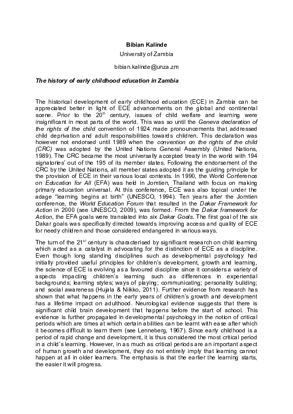 (DOC) The history of early childood education in Zambia BIBIAN KALINDE Academia.edu