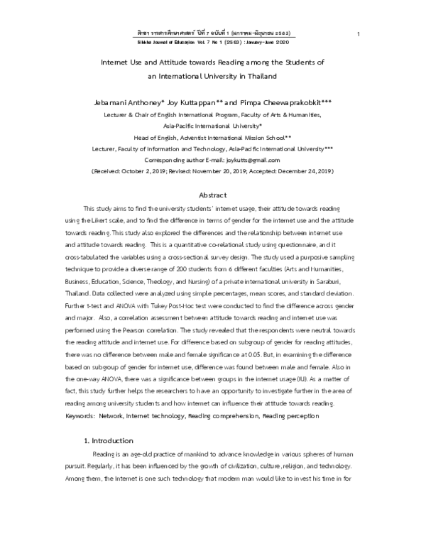 (PDF) Internet Use and Attitude towards Reading among the Students of ...