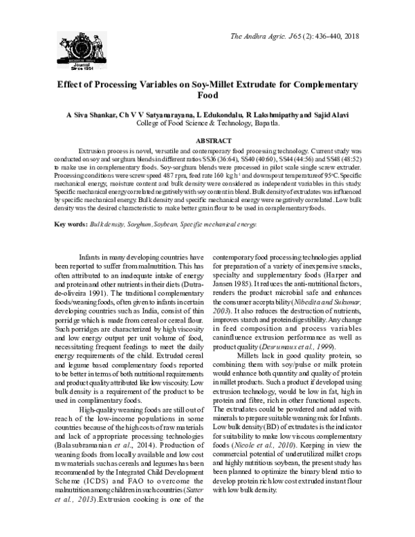 (PDF) Effect of Processing Variables on Soy-Millet Extrudate for ...