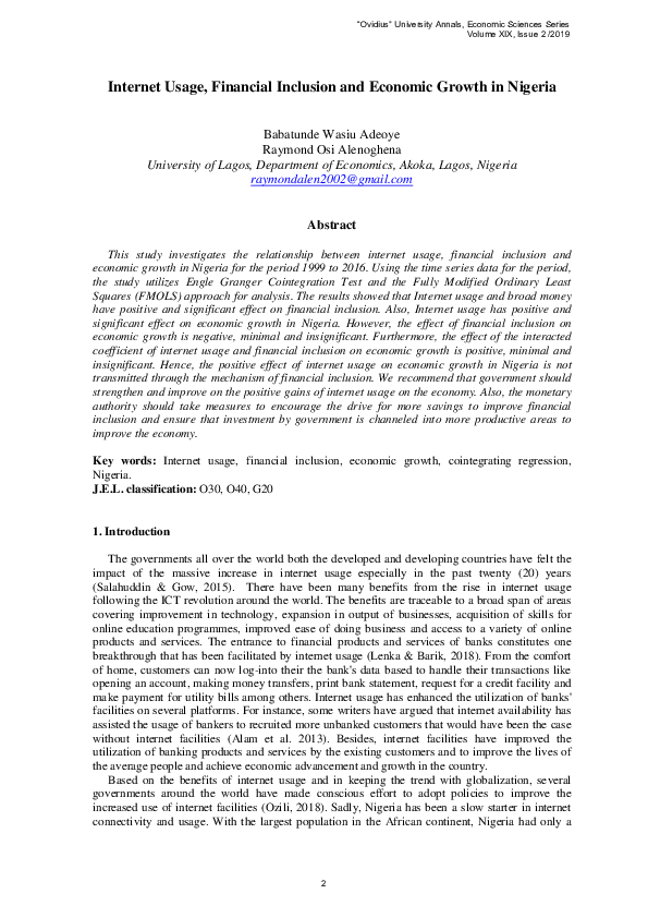 (PDF) Internet Usage, Financial Inclusion and Economic Growth in Nigeria