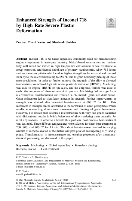 (PDF) Enhanced Strength of Inconel 718 by High Rate Severe Plastic ...