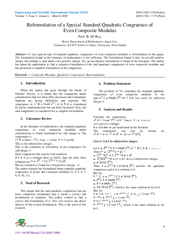 (PDF) Reformulation of a Special Standard Quadratic Congruence of Even ...