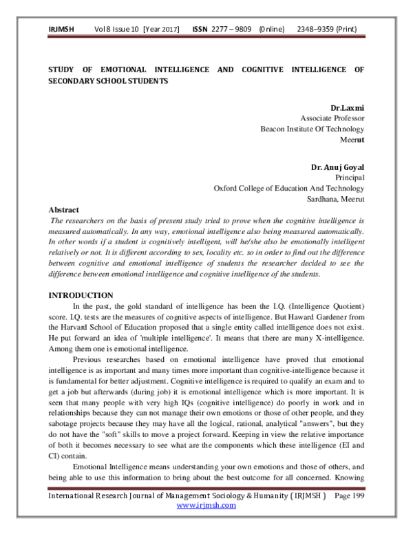 (PDF) STUDY OF EMOTIONAL INTELLIGENCE AND COGNITIVE INTELLIGENCE OF ...