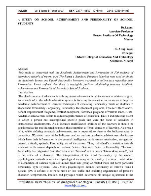 (PDF) A STUDY ON SCHOOL ACHIEVEMENT AND PERSONALITY OF SCHOOL STUDENTS