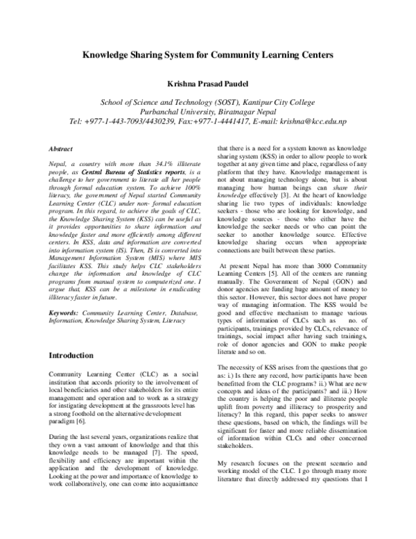 (PDF) Knowledge Sharing System for Community Learning Centers