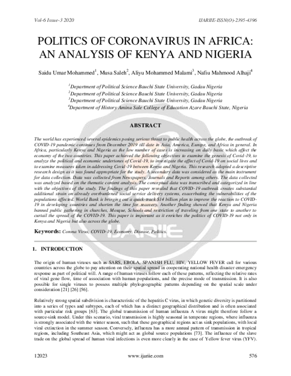(PDF) POLITICS OF CORONAVIRUS IN AFRICA AN ANALYSIS OF KENYA AND ...
