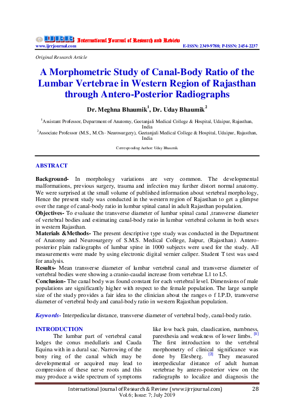 (PDF) A Morphometric Study of Canal-Body Ratio of the Lumbar Vertebrae ...