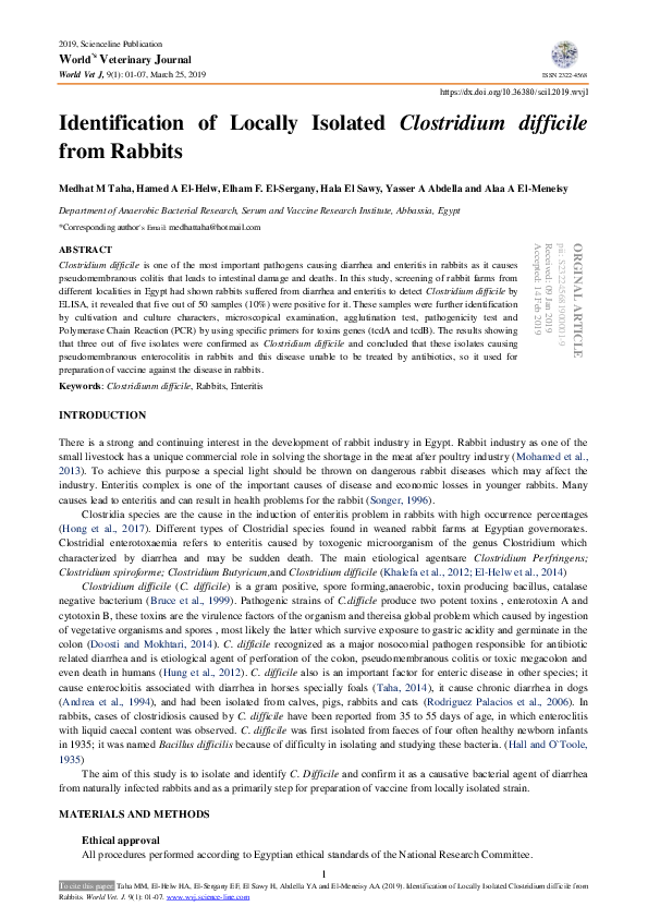 (PDF) Identification of Locally Isolated Clostridium difficile from ...