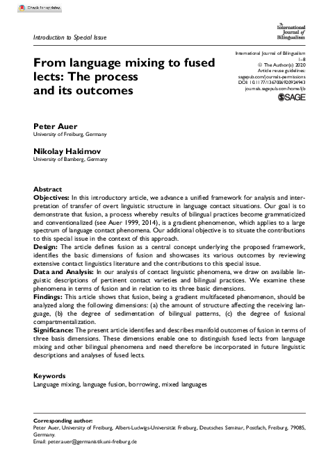 (PDF) From language mixing to fused lects: The process and its outcomes