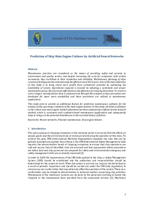 (PDF) Prediction of Ship Main Engine Failures by Artificial Neural Networks