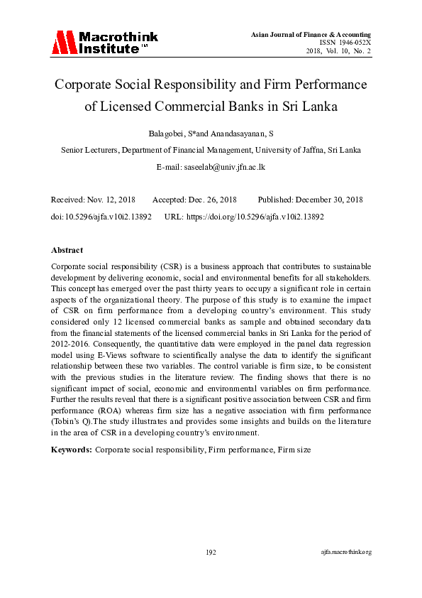 (PDF) Corporate Social Responsibility and Firm Performance of Licensed ...