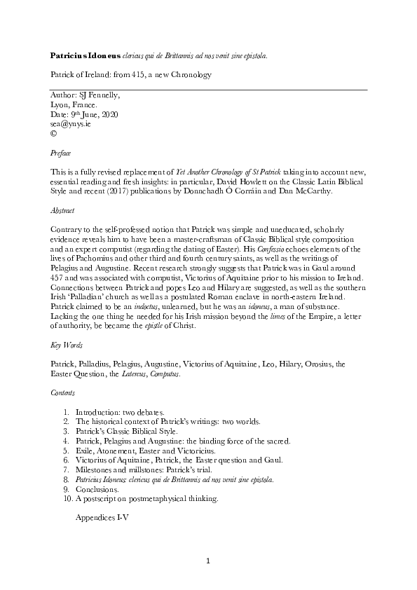 (PDF) Patrick of Ireland Patricius Idoneus Seamus J Fennelly Academia.edu