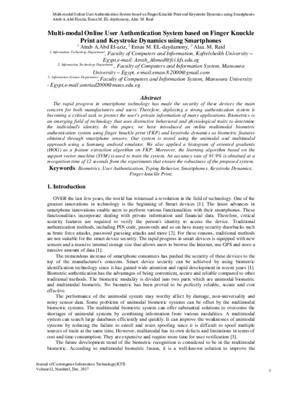 (PDF) Multi-modal Online User Authentication System based on Finger ...