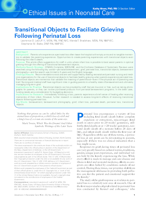 (PDF) Transitional Objects to Facilitate Grieving Following Perinatal Loss