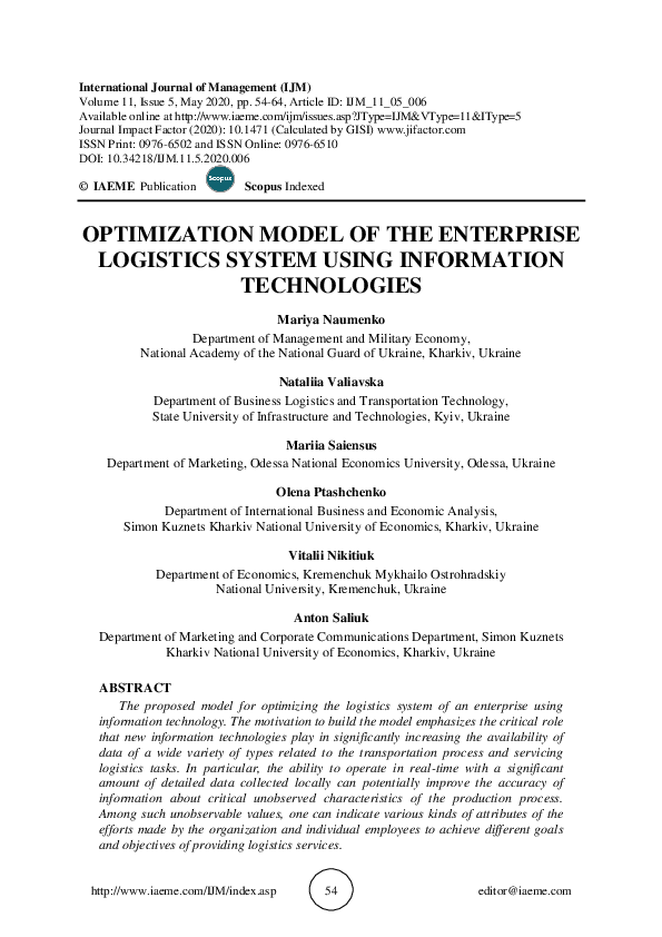 (PDF) OPTIMIZATION MODEL OF THE ENTERPRISE LOGISTICS SYSTEM USING ...