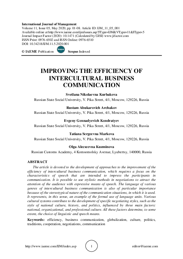 (PDF) IMPROVING THE EFFICIENCY OF INTERCULTURAL BUSINESS COMMUNICATION