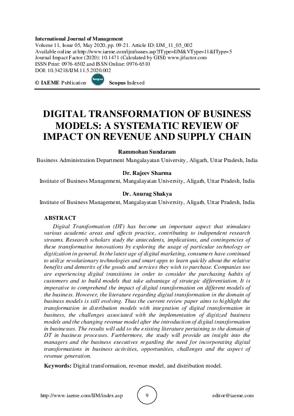 (PDF) DIGITAL TRANSFORMATION OF BUSINESS MODELS: A SYSTEMATIC REVIEW OF ...