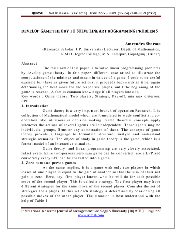 (PDF) DEVELOP GAME THEORY TO SOLVE LINEAR PROGRAMMING PROBLEMS