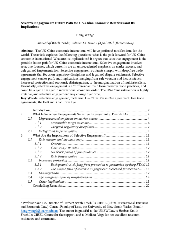 (PDF) Selective Engagement? Future Path for US-China Economic Relations ...