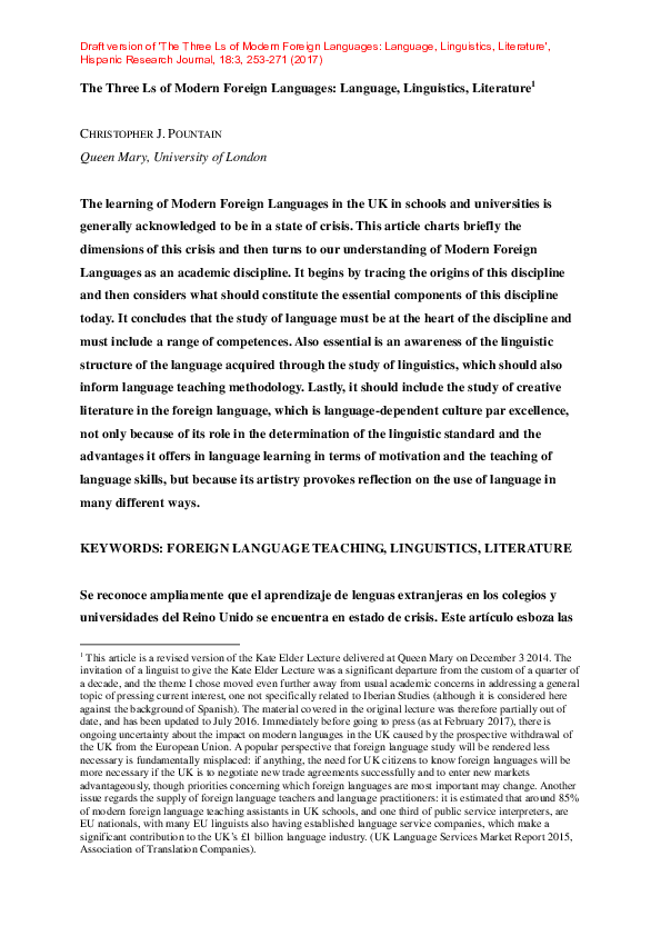 (PDF) The Three Ls of Modern Foreign Languages: Language, Linguistics ...