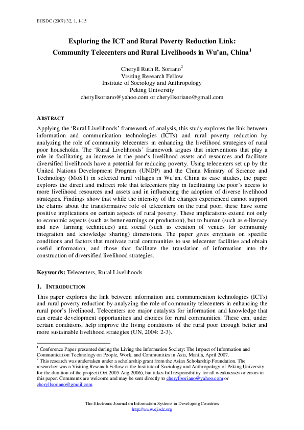 (PDF) Exploring the ICT and rural poverty reduction link: Community ...