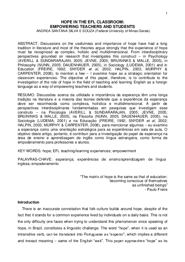 (PDF) HOPE IN THE EFL CLASSROOM: EMPOWERING TEACHERS AND STUDENTS