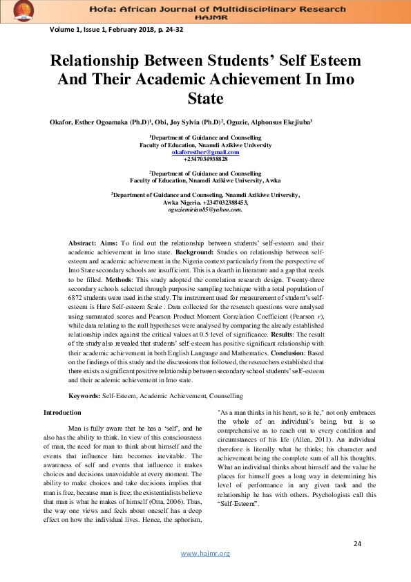 (PDF) Relationship Between Students' Self Esteem And Their Academic ...