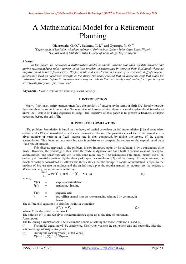 (PDF) A Mathematical Model for a Retirement Planning