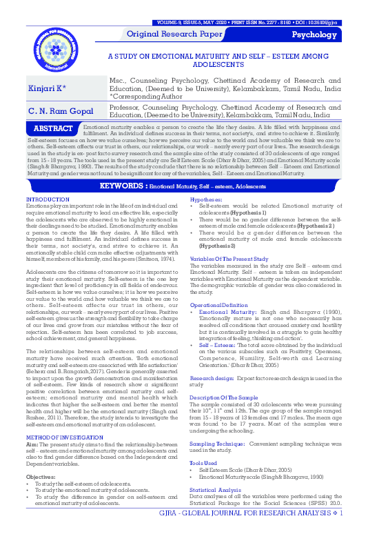 (PDF) A Study on Emotional Maturity and Self- Esteem among Adolescents