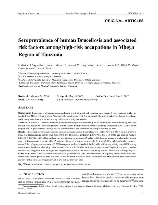 (PDF) Seroprevalence of human Brucellosis and associated risk factors ...