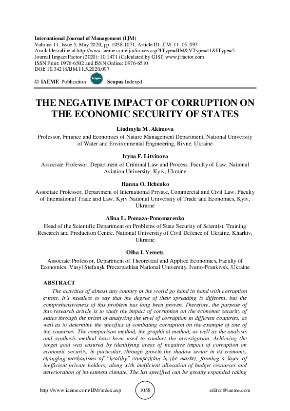 (PDF) THE NEGATIVE IMPACT OF CORRUPTION ON THE ECONOMIC SECURITY OF STATES