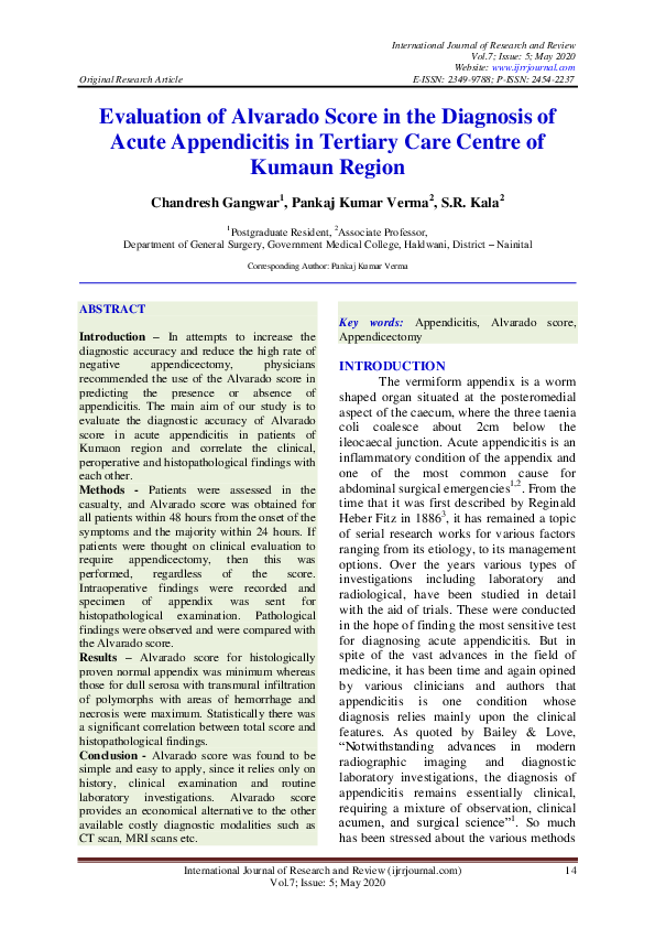 (PDF) Evaluation of Alvarado Score in the Diagnosis of Acute ...