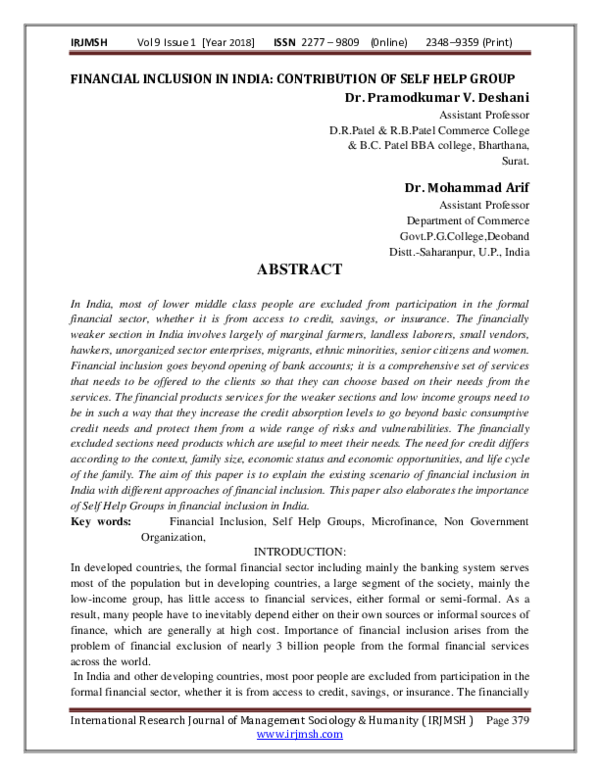 (PDF) FINANCIAL INCLUSION IN INDIA: CONTRIBUTION OF SELF HELP GROUP